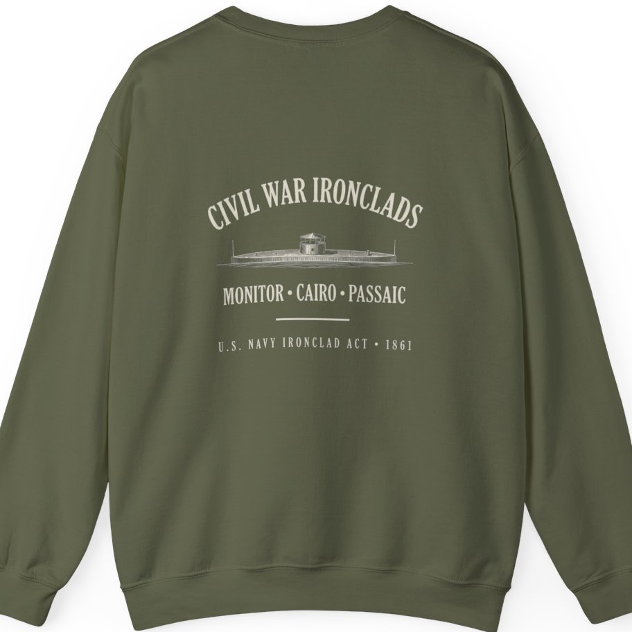 Civil War River Ironclads Back Print Sweatshirt - Military Green back