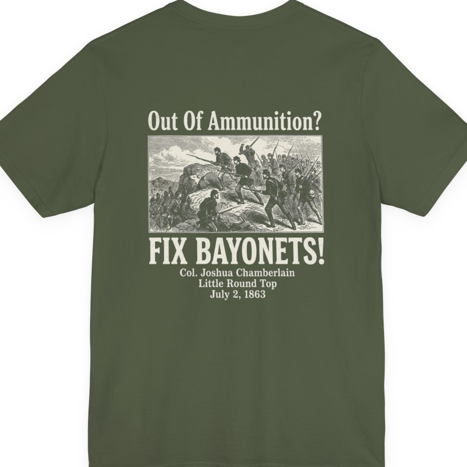 Out of Ammunition Fix Bayonets Back Print Premium Tee - Military Green back