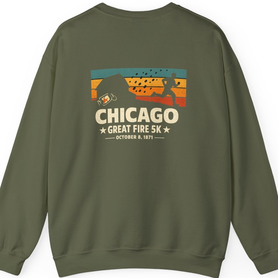 Chicago Great Fire 5K Retro Back Print Sweatshirt - Military Green back