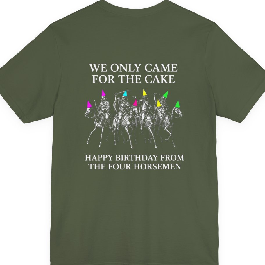 Four Horsemen Birthday Party Back Print Premium Tee - Military Green back