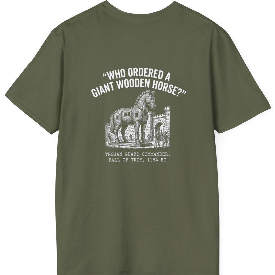 Trojan Horse Deadpan Satire Back Print T-Shirt - Military Green back
