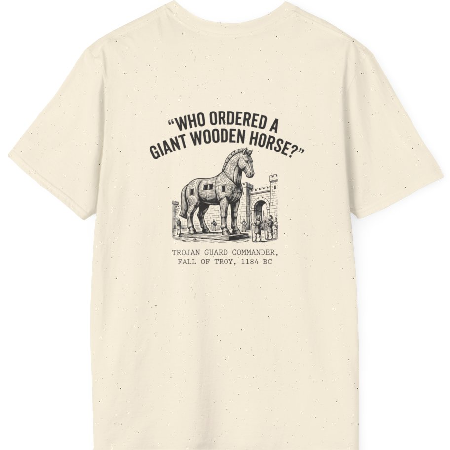 Trojan Horse Deadpan Satire Back Print T-Shirt - Natural back