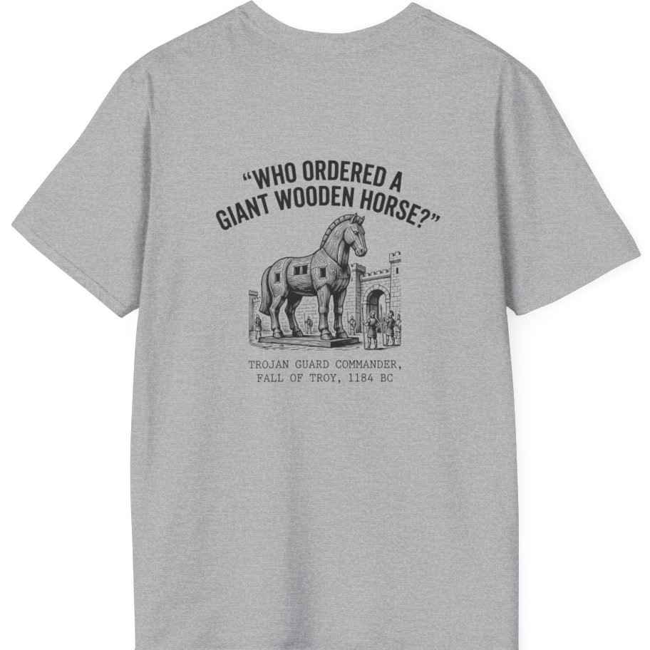 Trojan Horse Deadpan Satire Back Print T-Shirt - Sport Grey back
