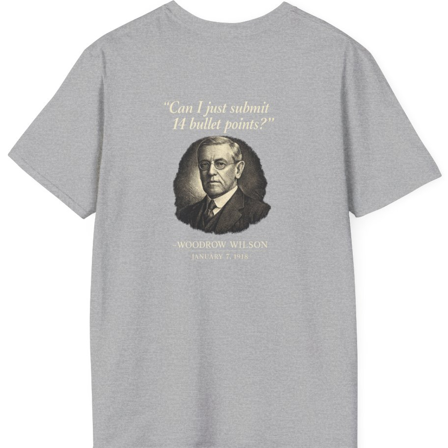 Woodrow Wilson Fourteen Points Procrastination Back Print T-Shirt - Sport Grey back