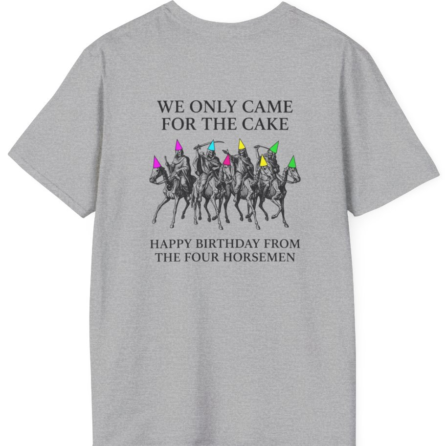 Four Horsemen Birthday Party Back Print T-Shirt - Sport Grey back