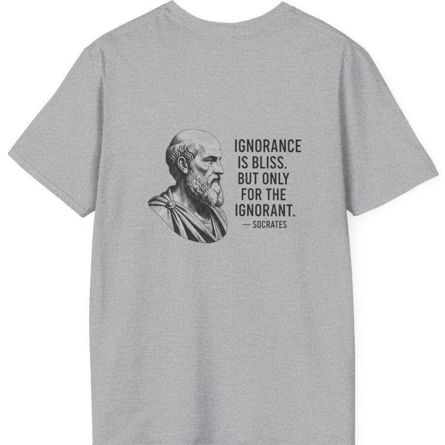 Socrates Ignorance Is Bliss Quote Back Print T-Shirt - Sport Grey back