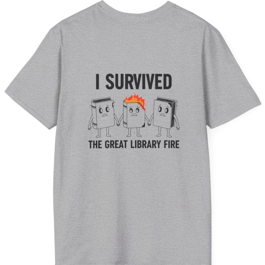 I Survived The Great Library Back Print T-Shirt - Sport Grey back