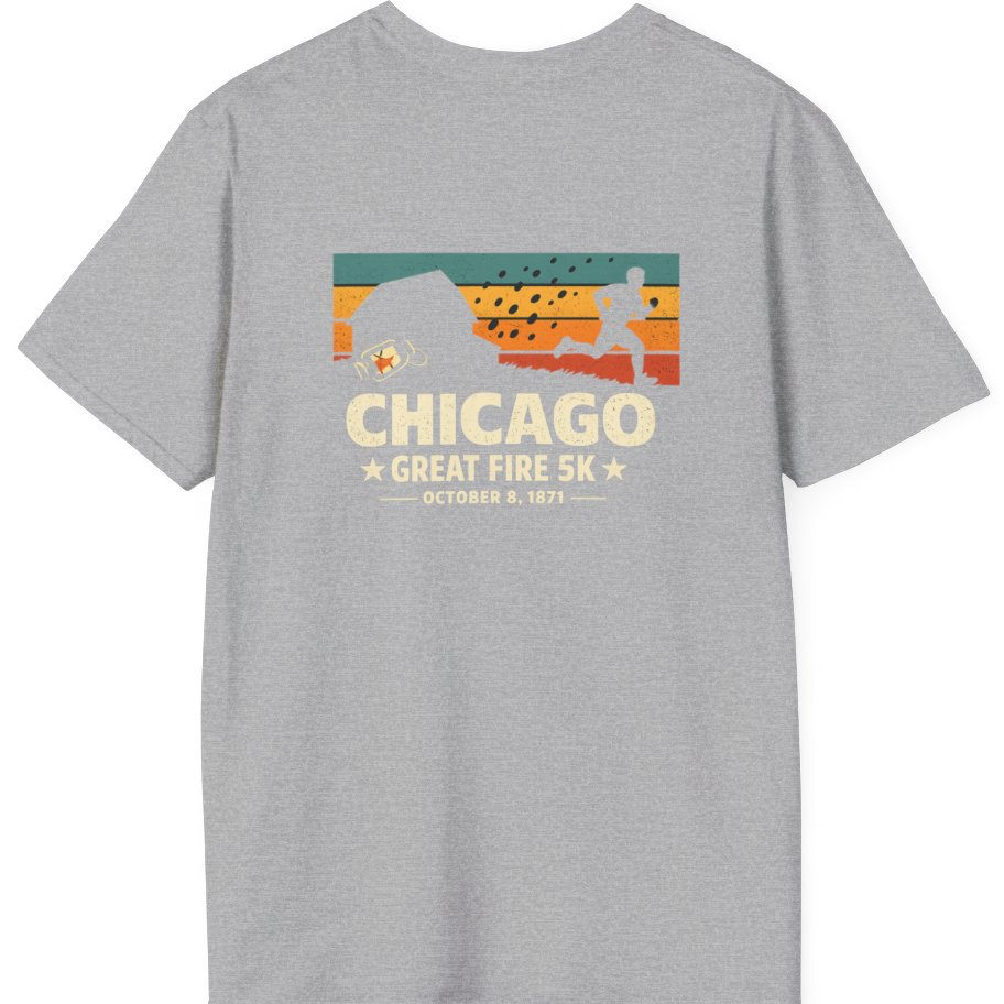Chicago Great Fire 5K Retro Back Print T-Shirt - Sport Grey back