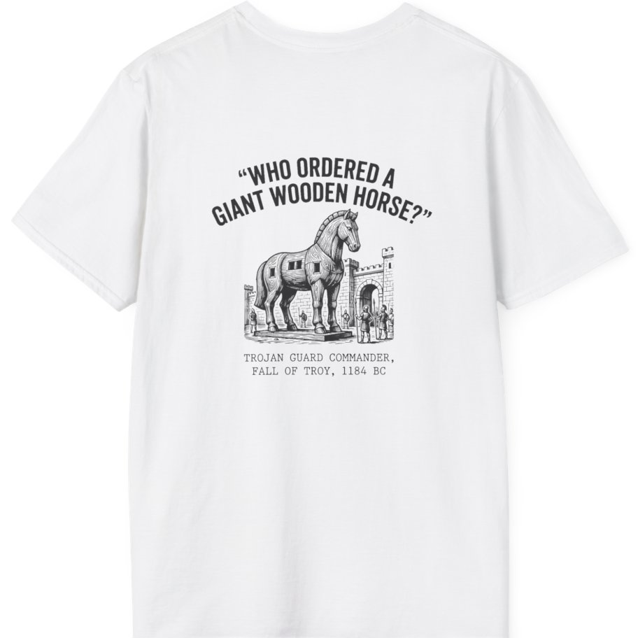 Trojan Horse Deadpan Satire Back Print T-Shirt - White back