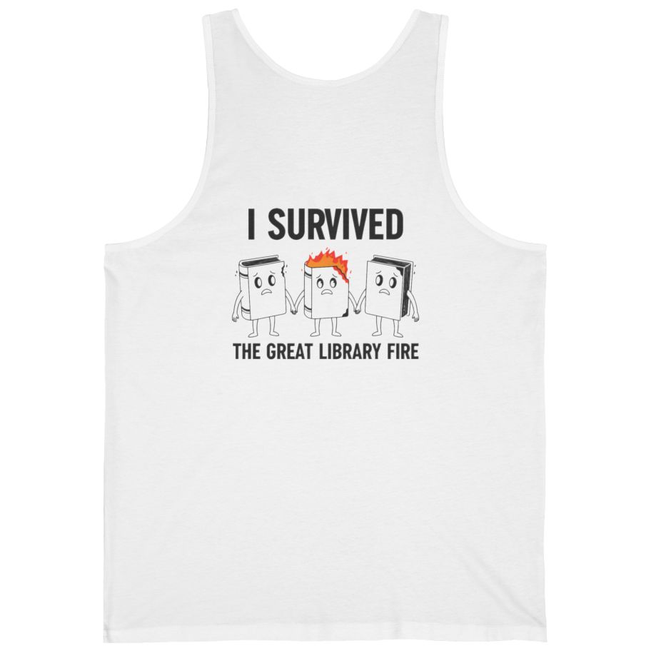 I Survived The Great Library Back Print Tank Top - White back