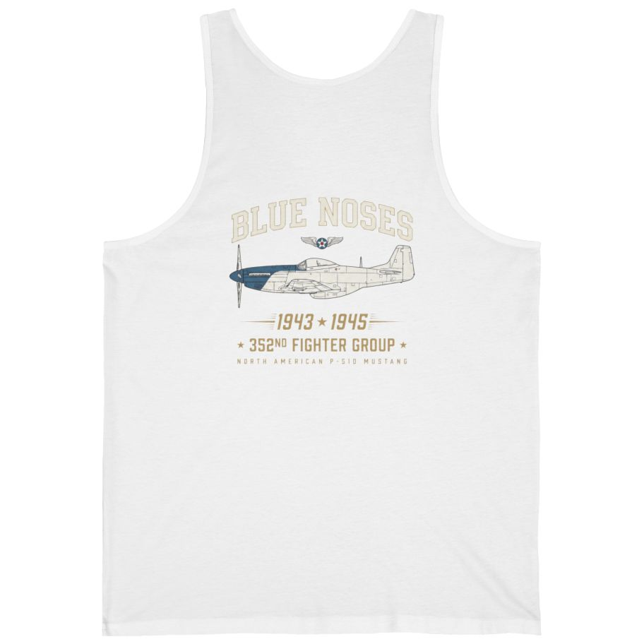 Blue Nosed Fighter Group Back Print Tank Top - White back