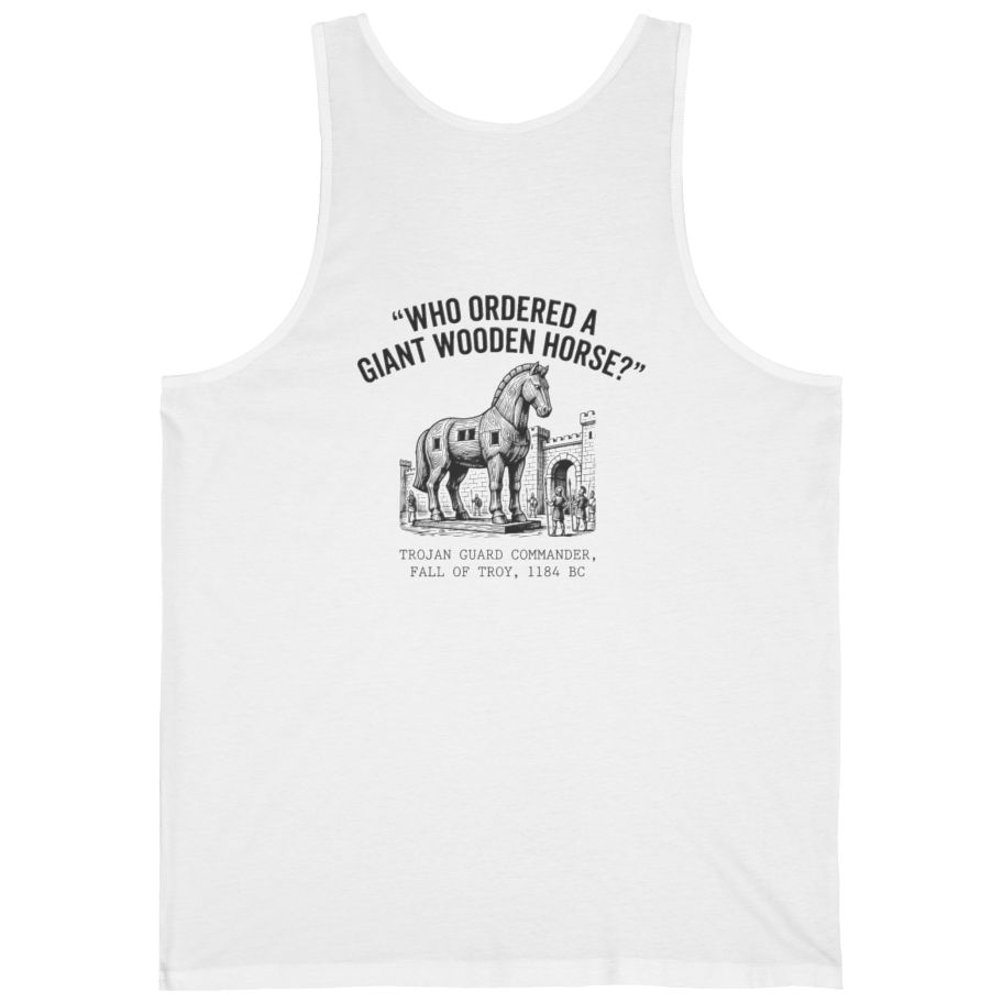 Trojan Horse Deadpan Satire Back Print Tank Top - White back