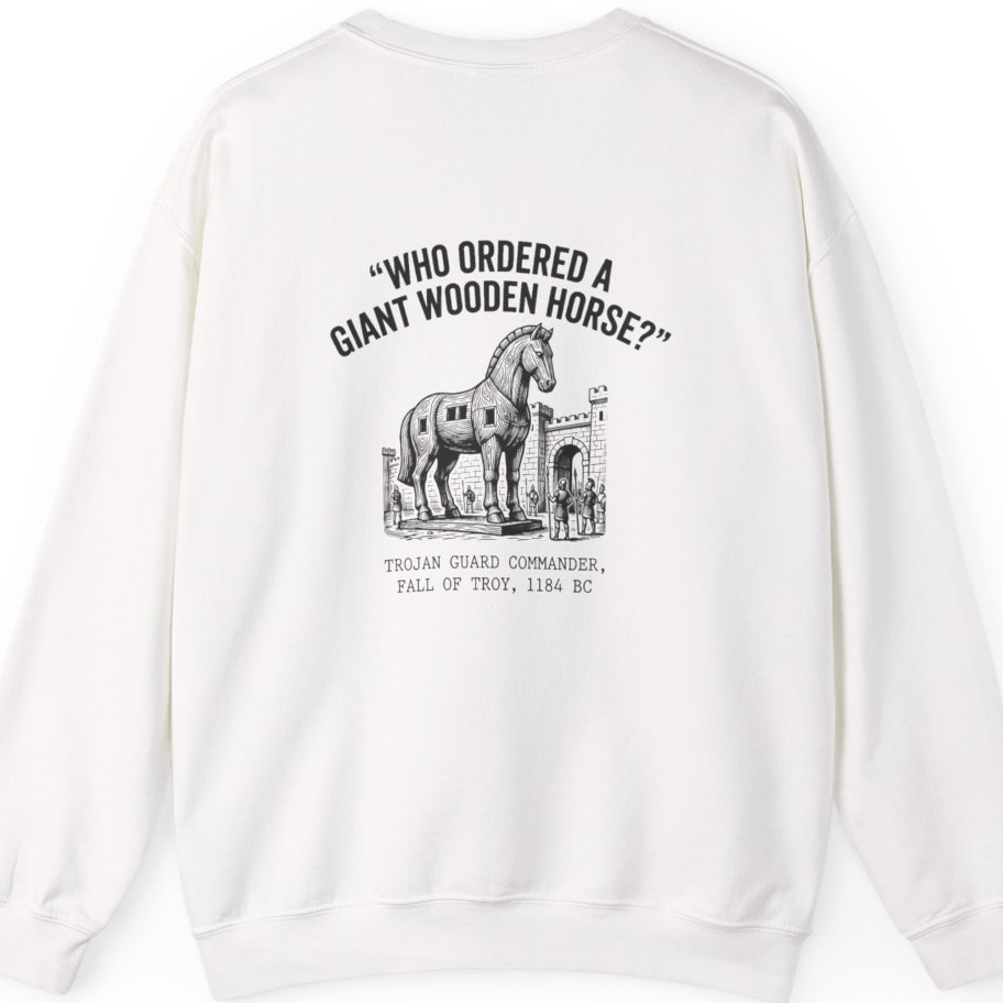 Trojan Horse Deadpan Satire Back Print Sweatshirt - White back