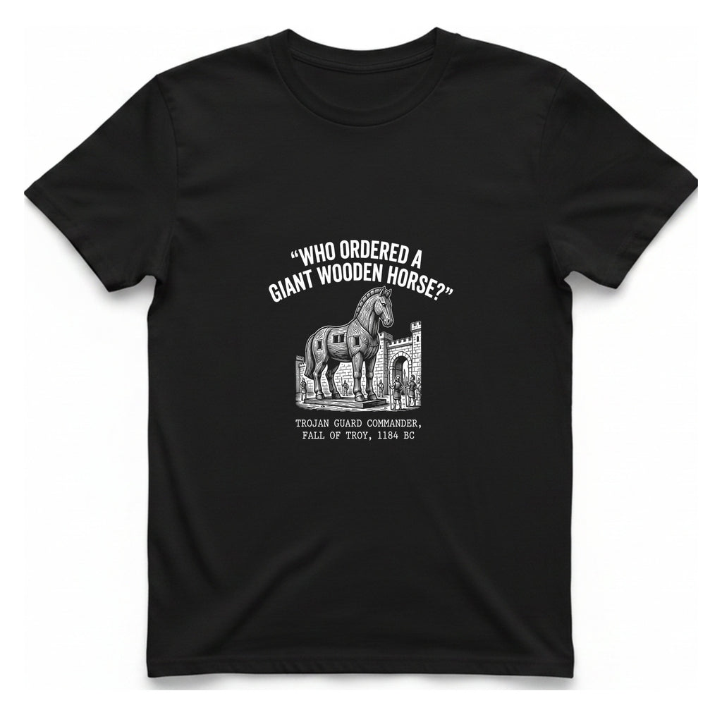 Trojan Horse Deadpan Satire T-Shirt - Black front