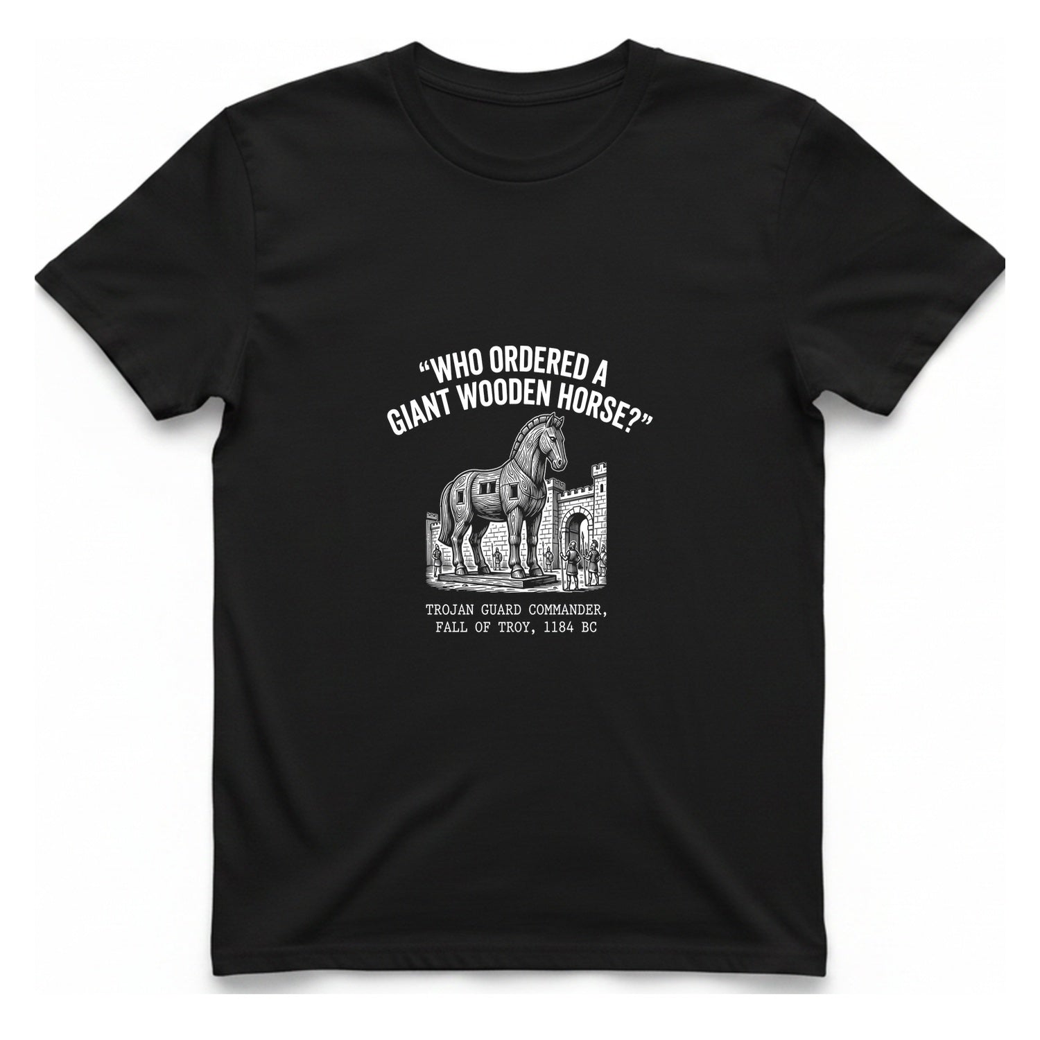 Trojan Horse Deadpan Satire T-Shirt - Black front