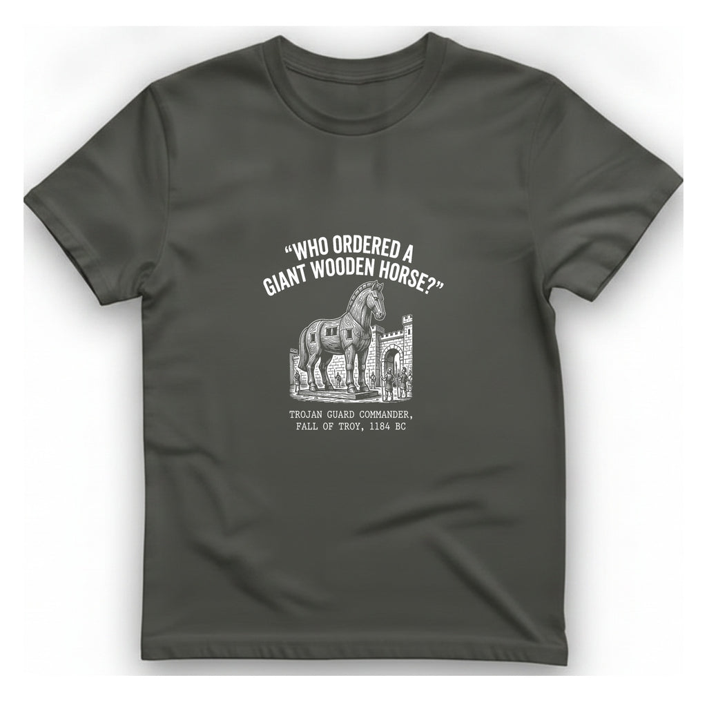 Trojan Horse Deadpan Satire T-Shirt - Charcoal front