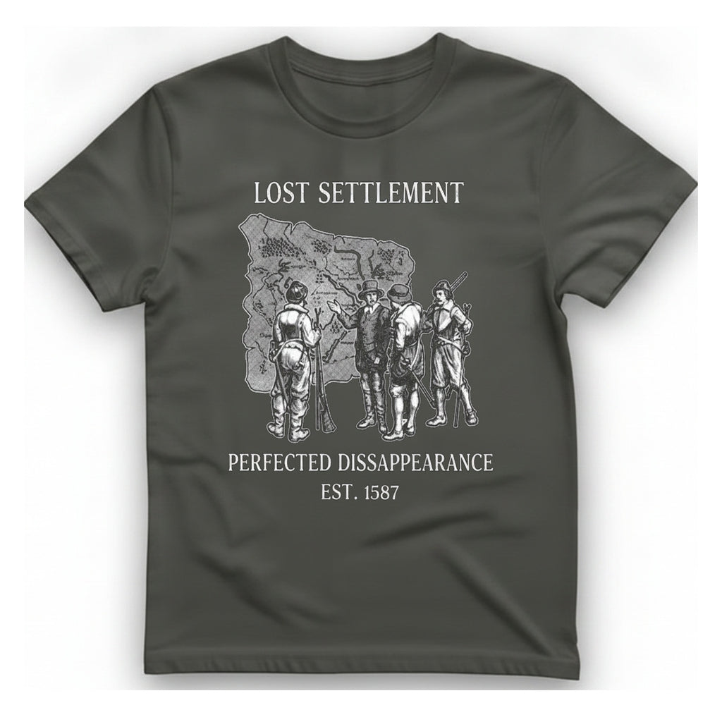 Lost Settlement Disappearance T-Shirt - Charcoal front
