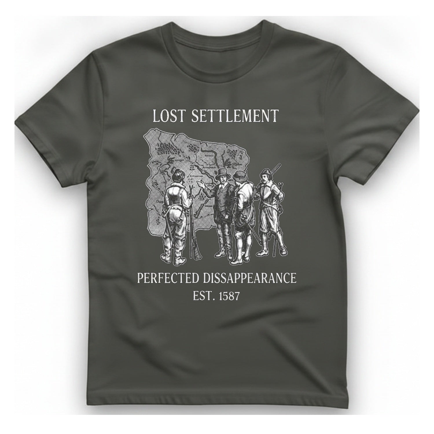 Lost Settlement Disappearance T-Shirt - Charcoal front