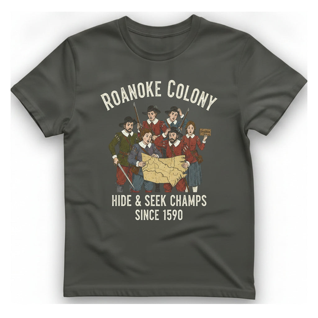 Roanoke Colony Hide And Seek T-Shirt - Charcoal front