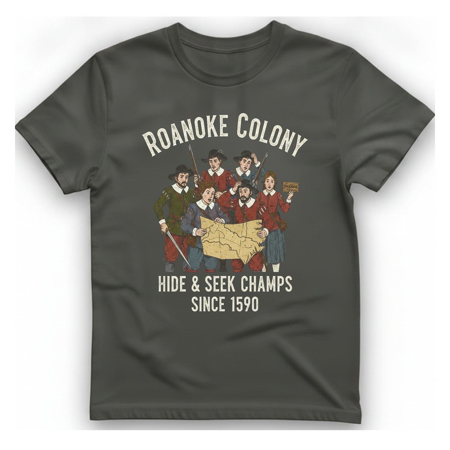 Roanoke Colony Hide And Seek T-Shirt - Charcoal front