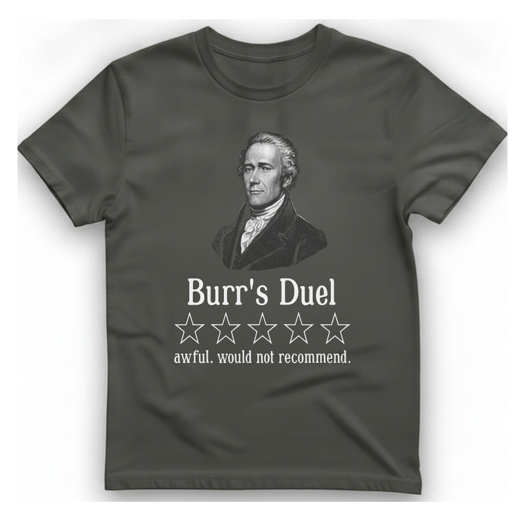 Burr Duel Review T-Shirt - Charcoal front