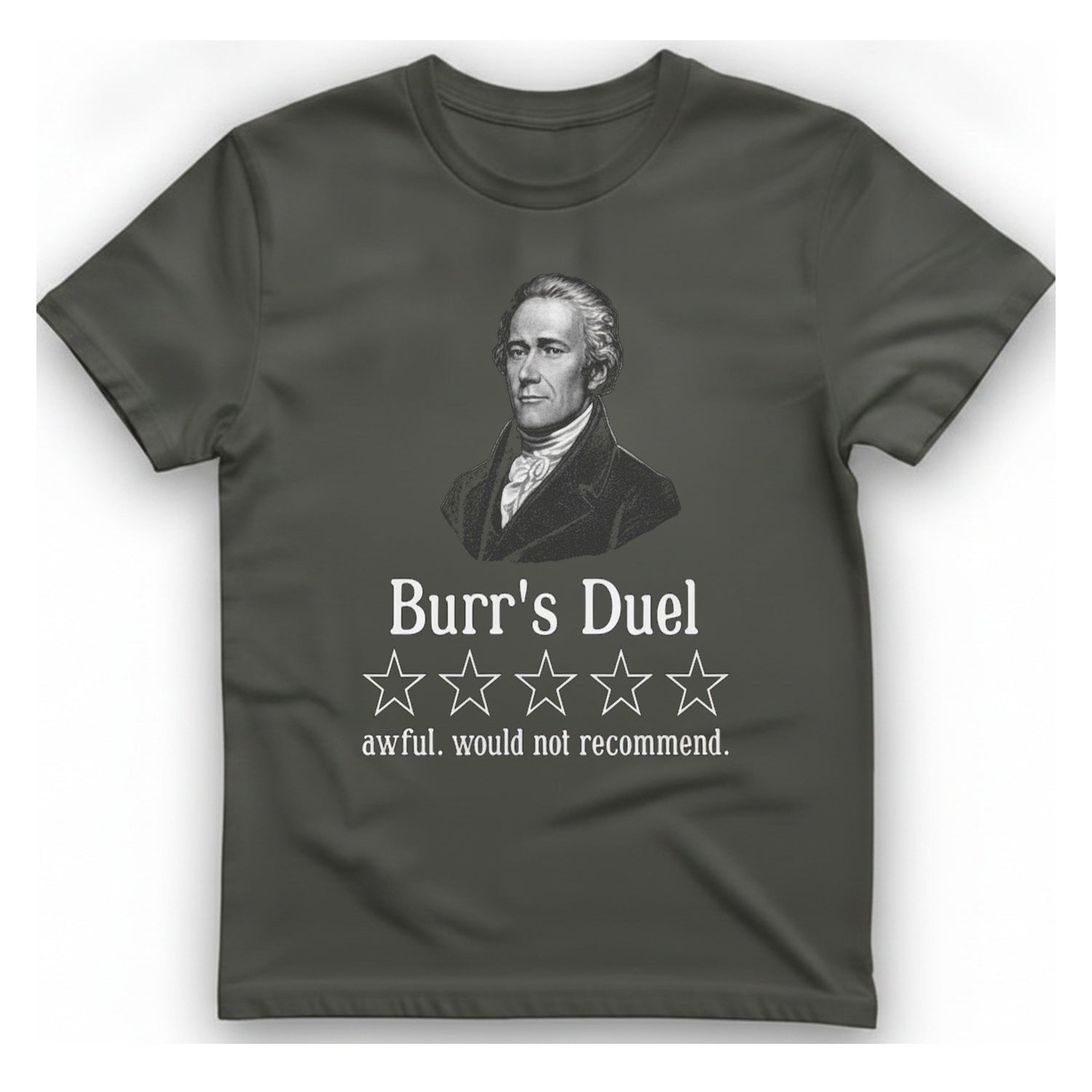 Burr Duel Review T-Shirt - Charcoal front