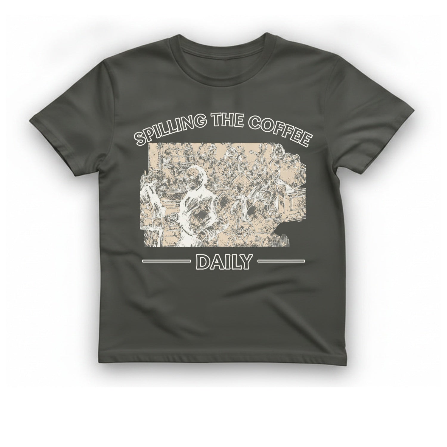 Spilling The Coffee Daily T-Shirt - Charcoal front