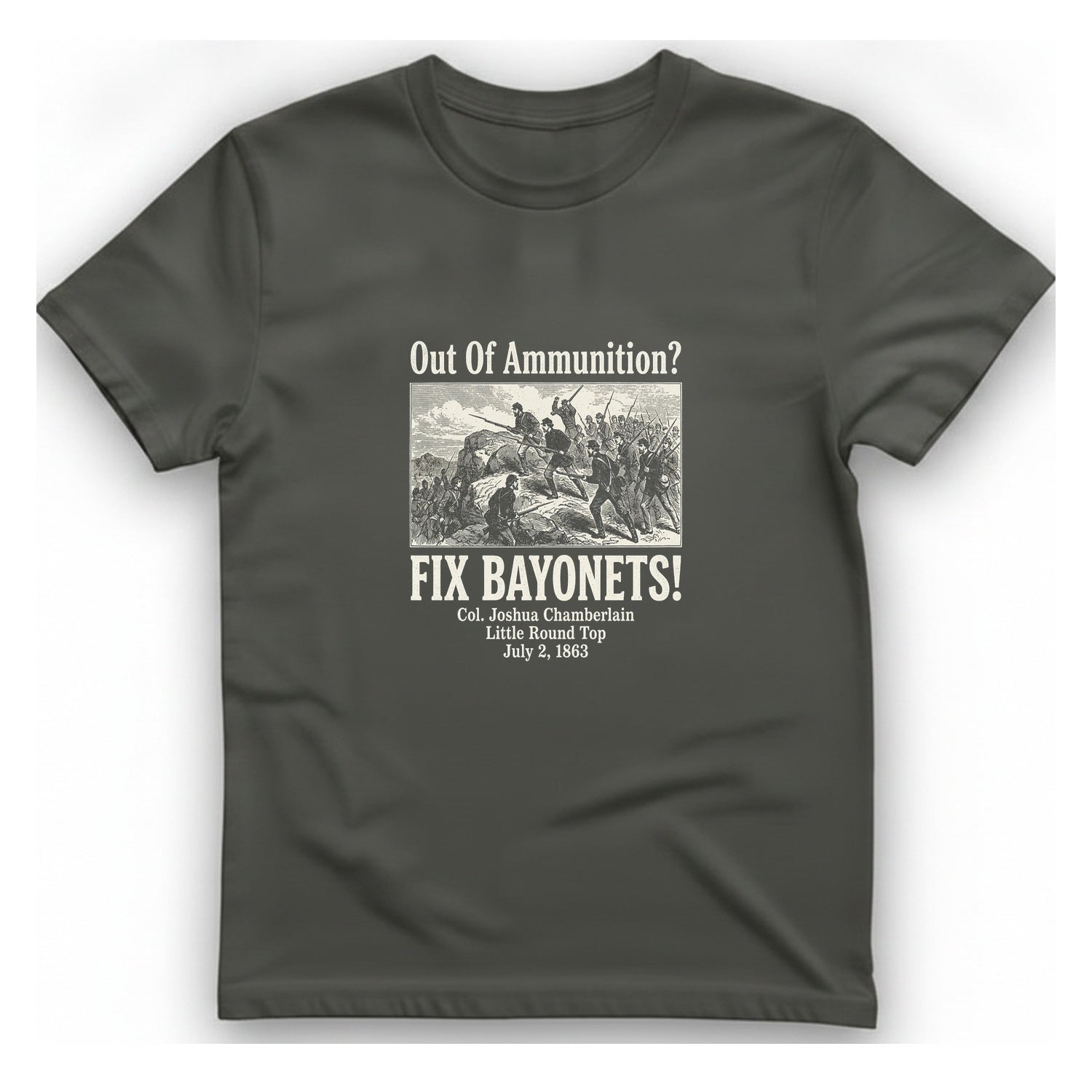Out of Ammunition Fix Bayonets T-Shirt - Charcoal front