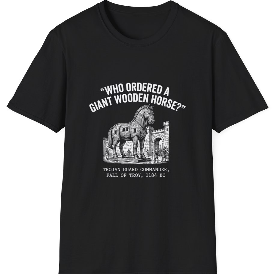 Trojan Horse Deadpan Satire T-Shirt - Black front