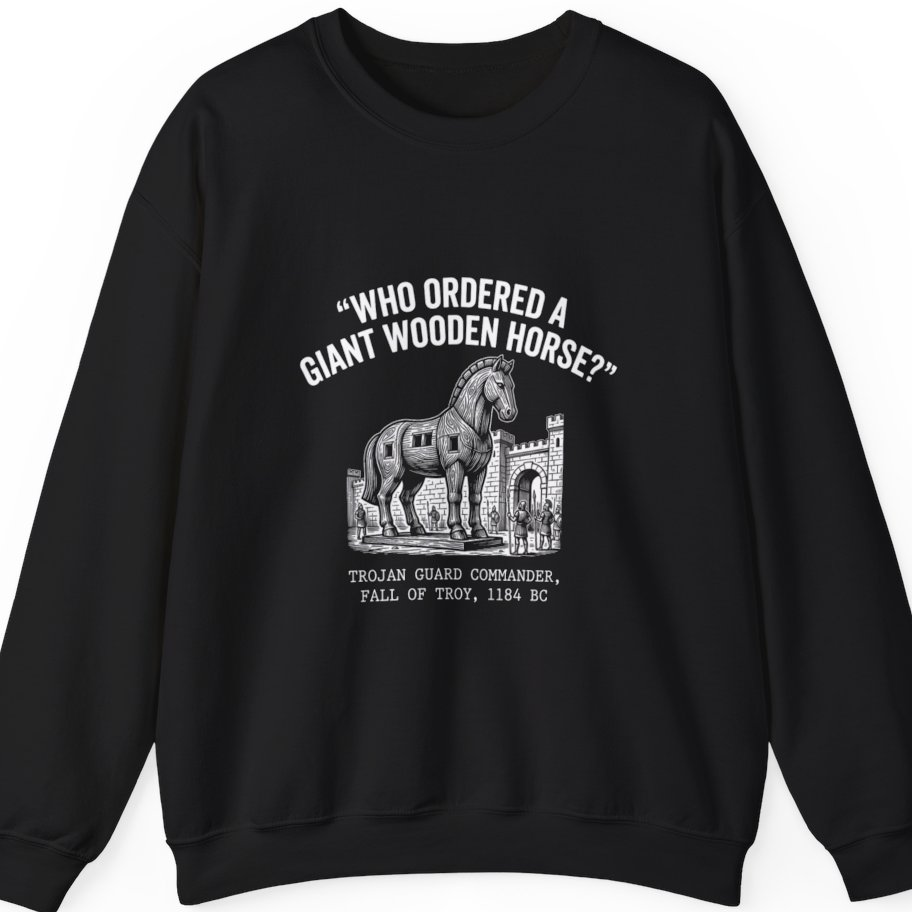 Trojan Horse Deadpan Satire Sweatshirt - Black front