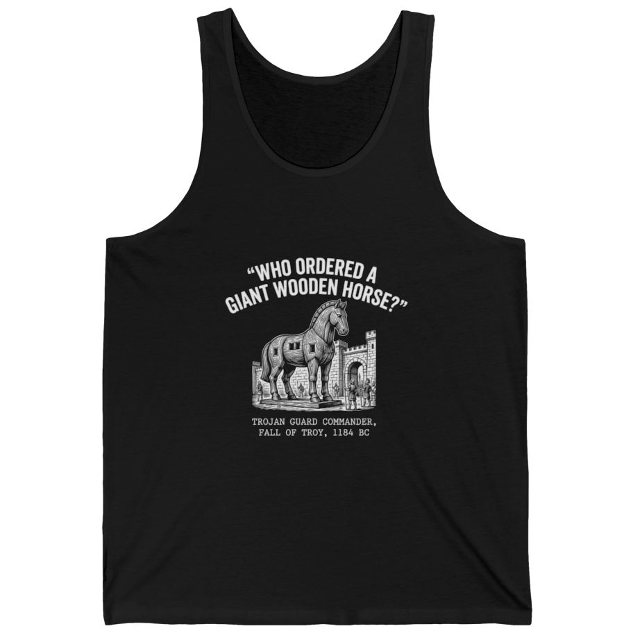 Trojan Horse Deadpan Satire Tank Top - Black front