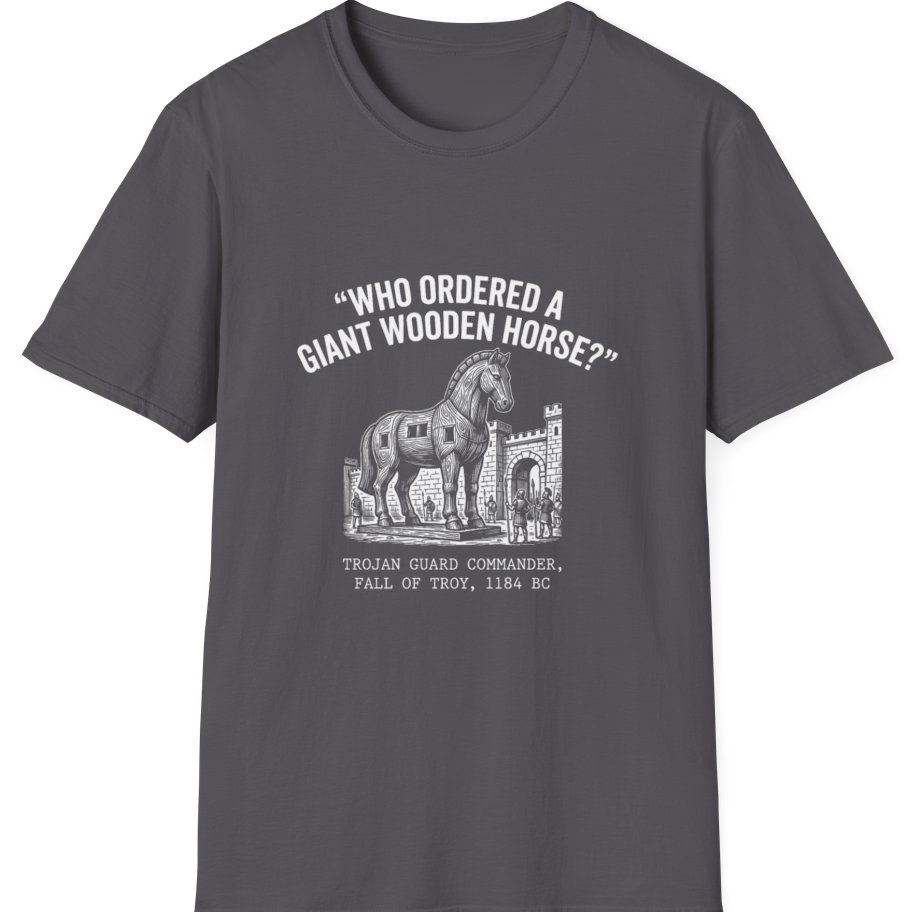 Trojan Horse Deadpan Satire T-Shirt - Charcoal front
