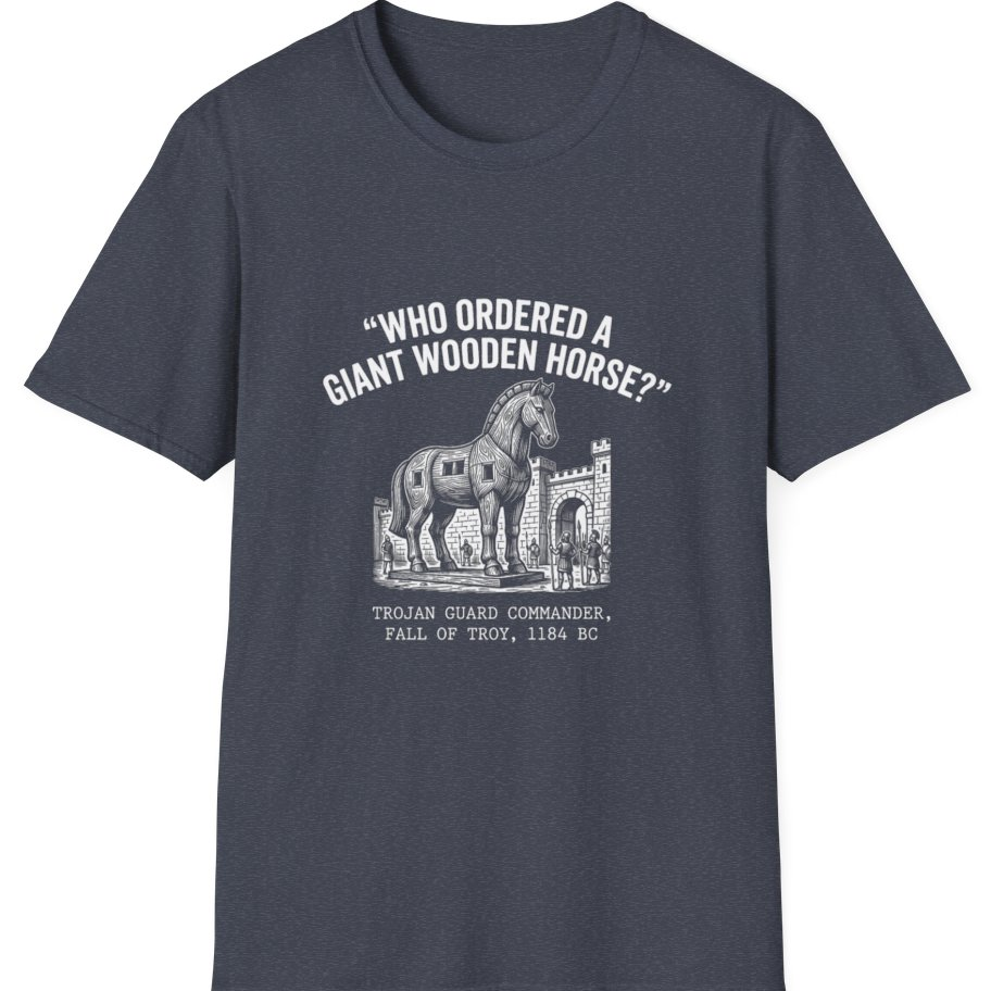 Trojan Horse Deadpan Satire T-Shirt - Heather Navy front