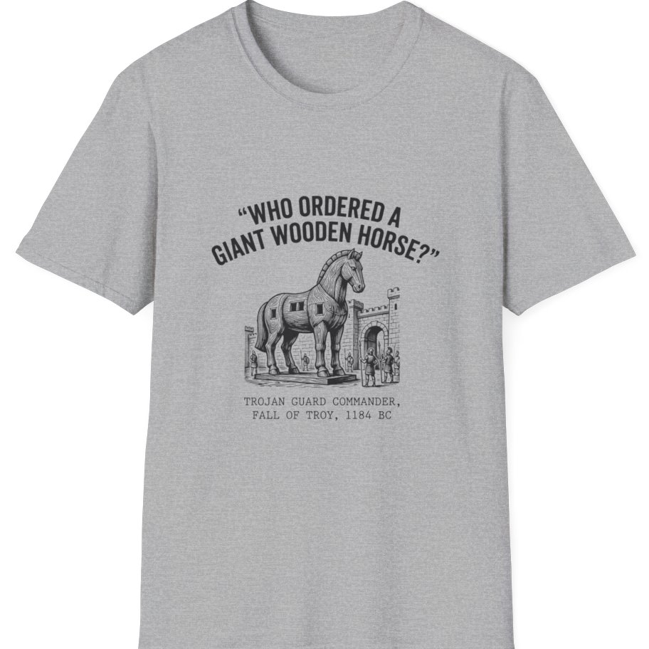 Trojan Horse Deadpan Satire T-Shirt - Sport Grey front