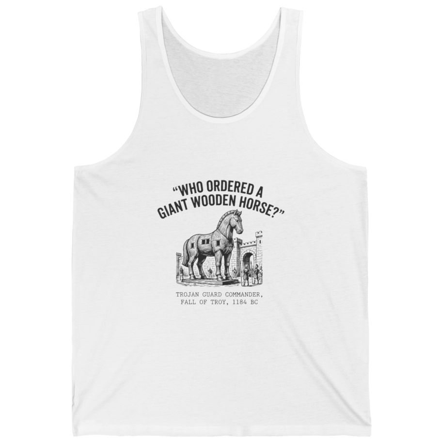 Trojan Horse Deadpan Satire Tank Top - White front