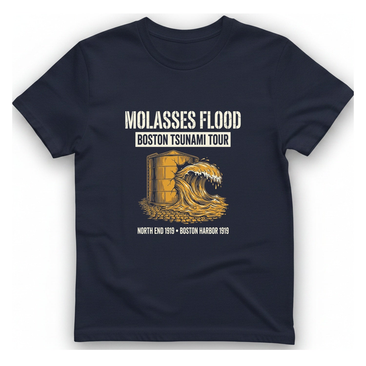 Boston Molasses Flood Tour T-Shirt - Heather Navy front
