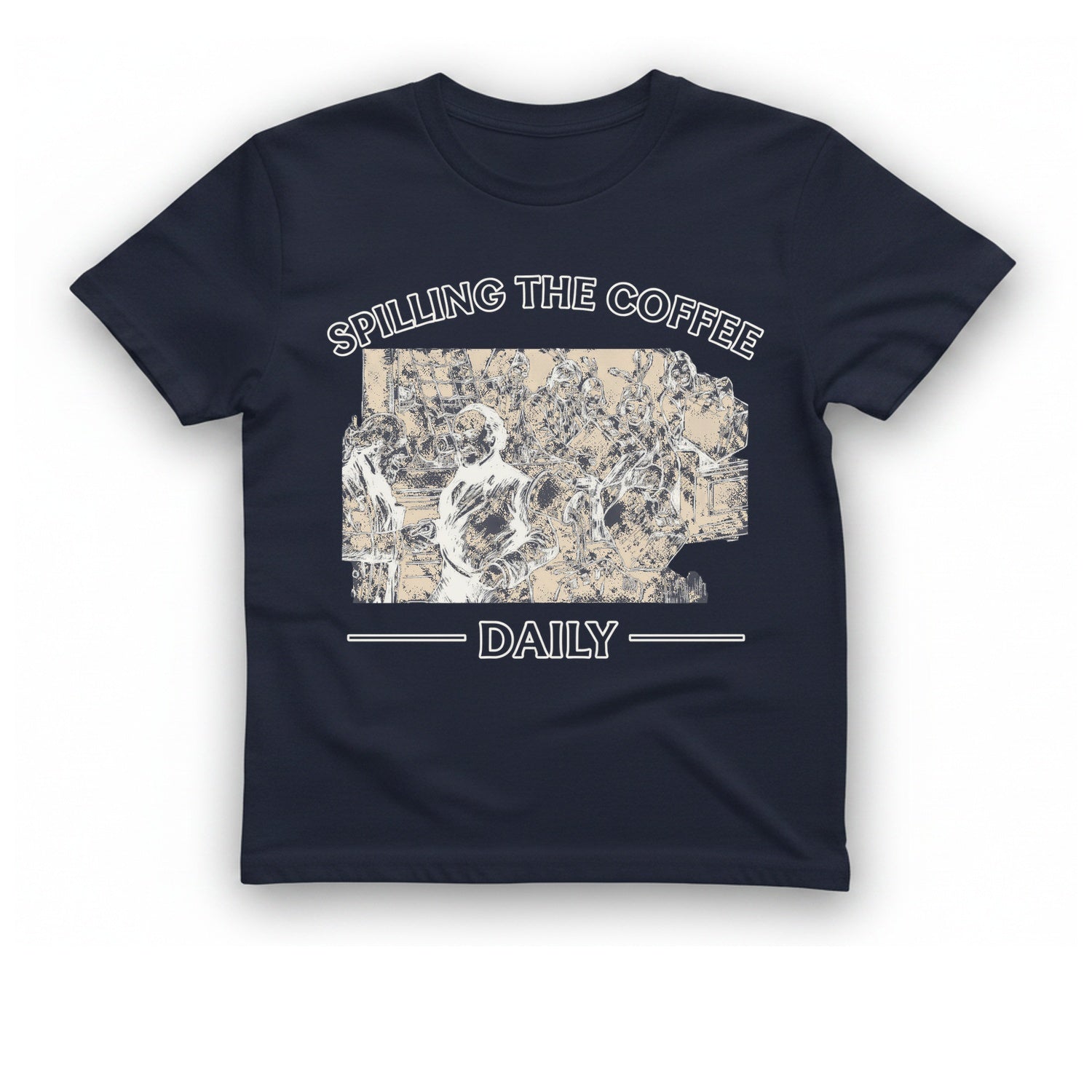 Spilling The Coffee Daily T-Shirt - Heather Navy front