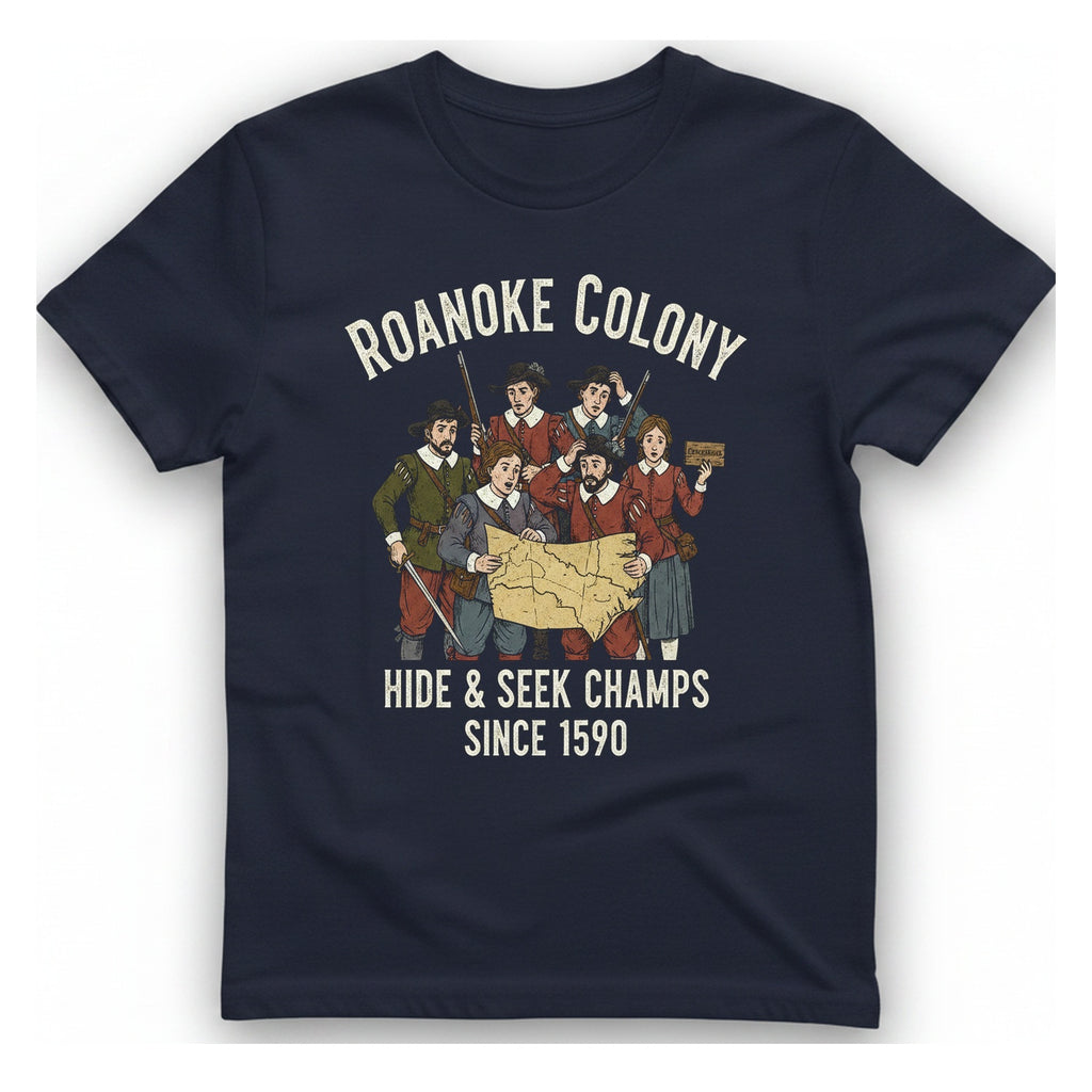 Roanoke Colony Hide And Seek T-Shirt - Heather Navy front