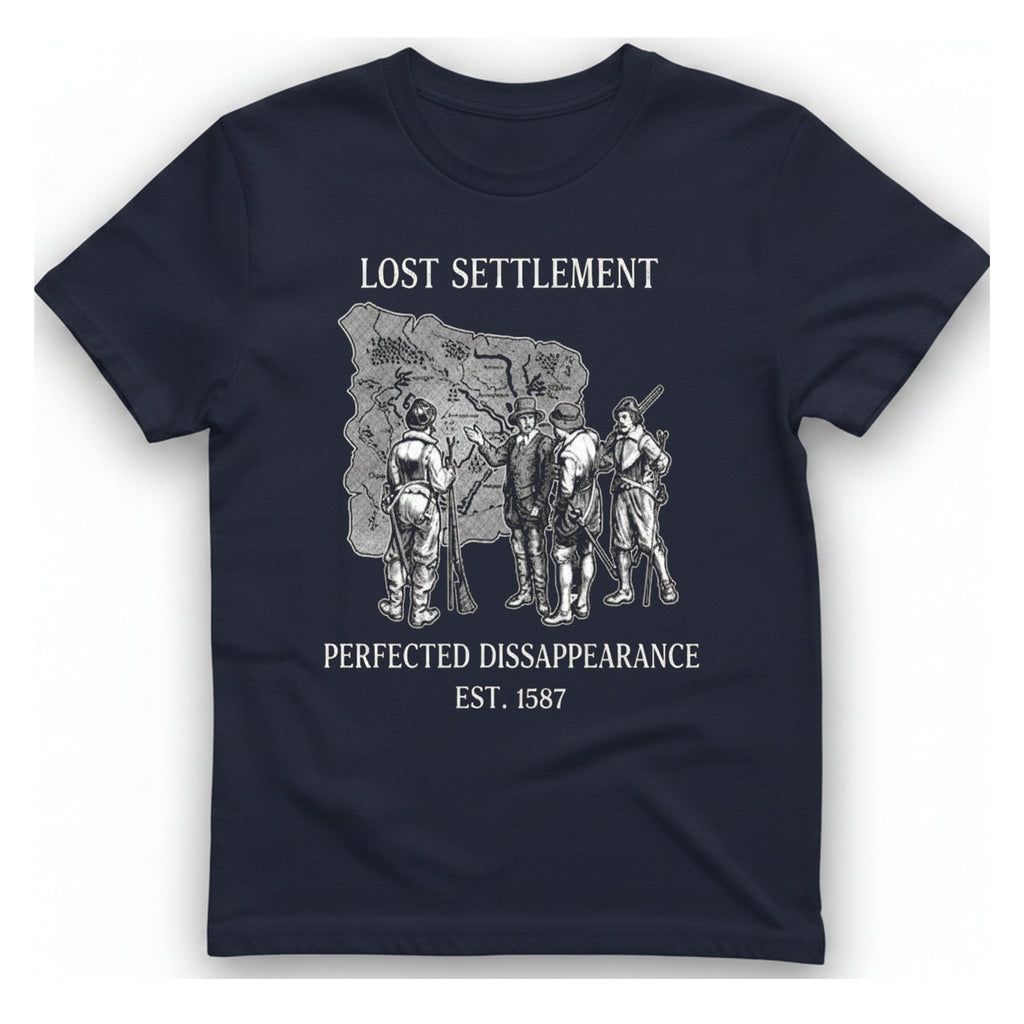 Lost Settlement Disappearance T-Shirt - Heather Navy front