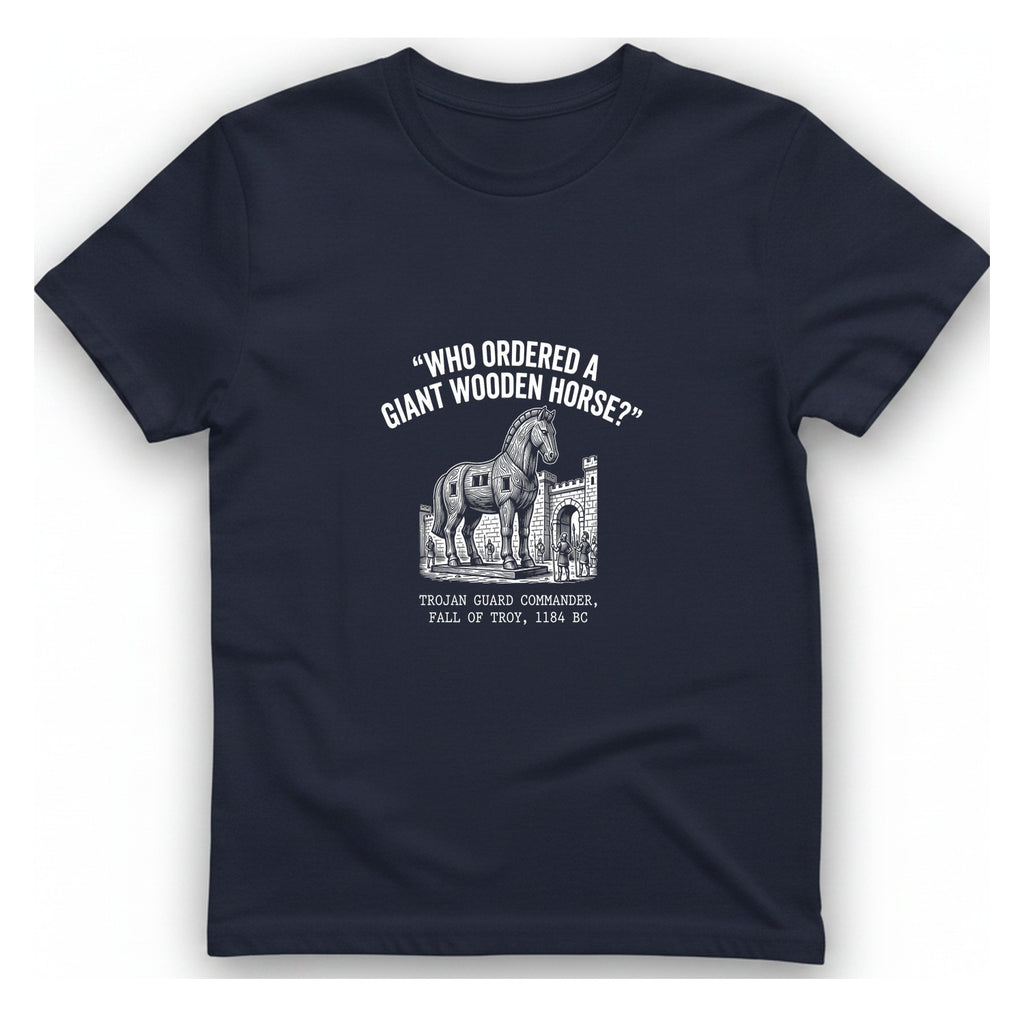 Trojan Horse Deadpan Satire T-Shirt - Heather Navy front