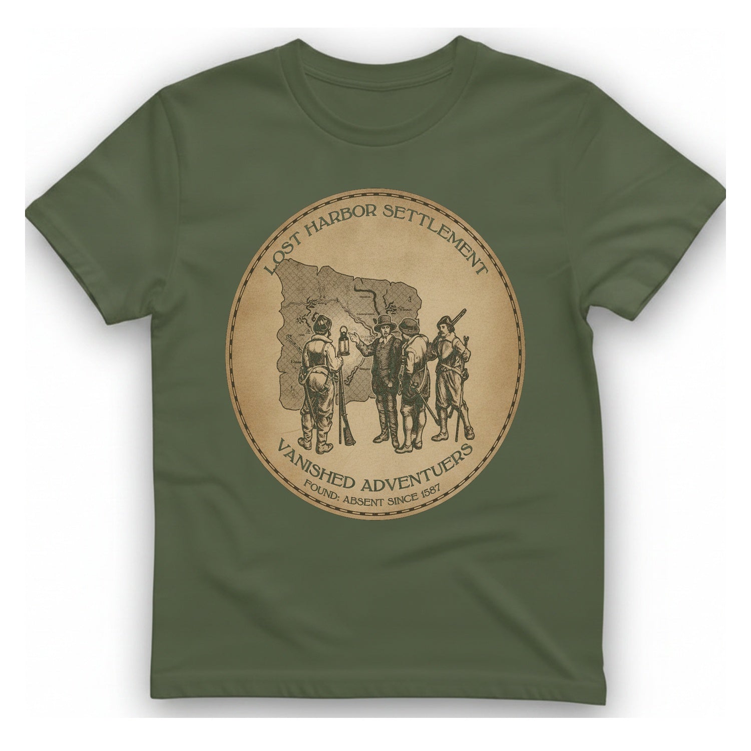 Lost Harbor Settlement T-Shirt - Military Green front