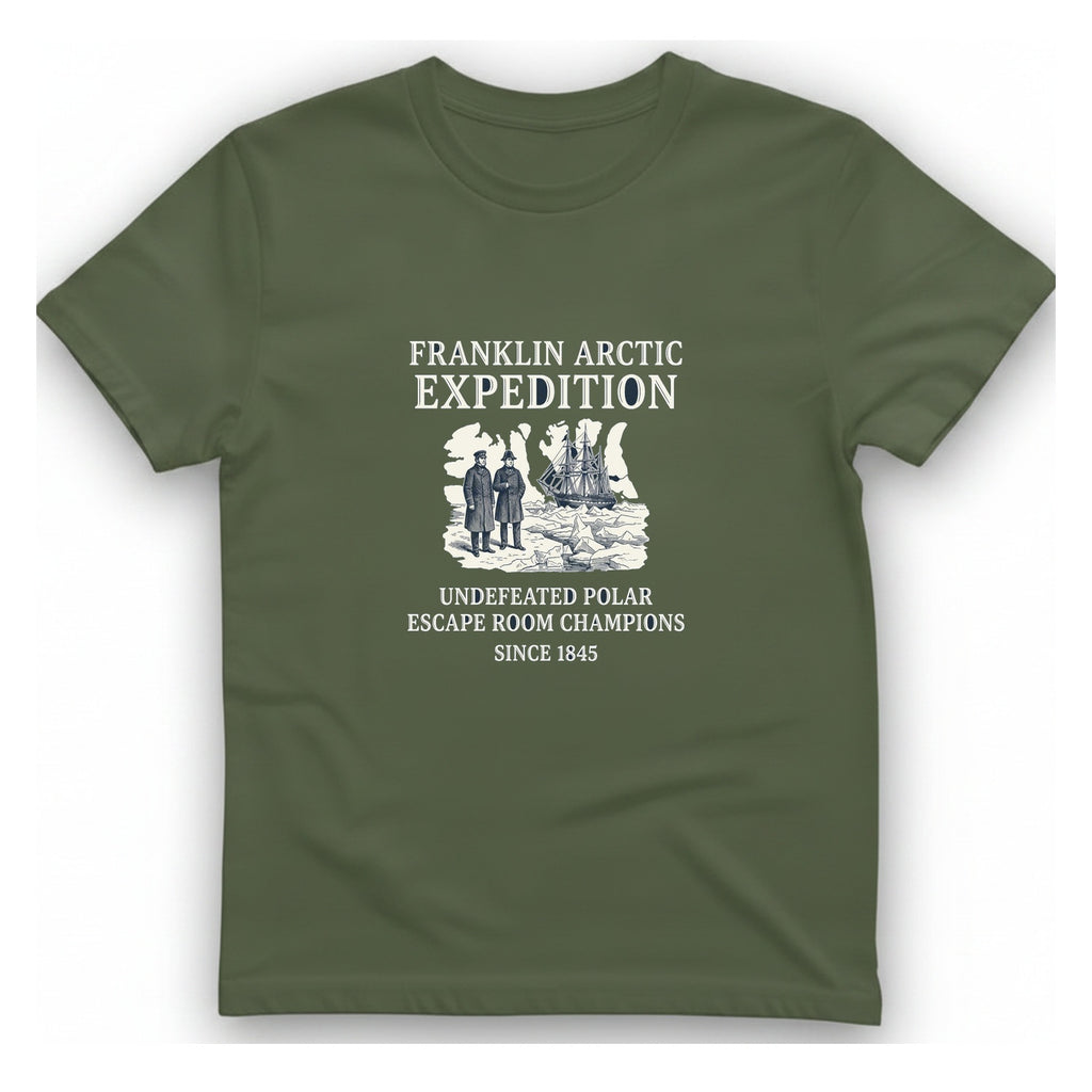 Franklin Arctic Expedition Escape Room T-Shirt - Military Green front