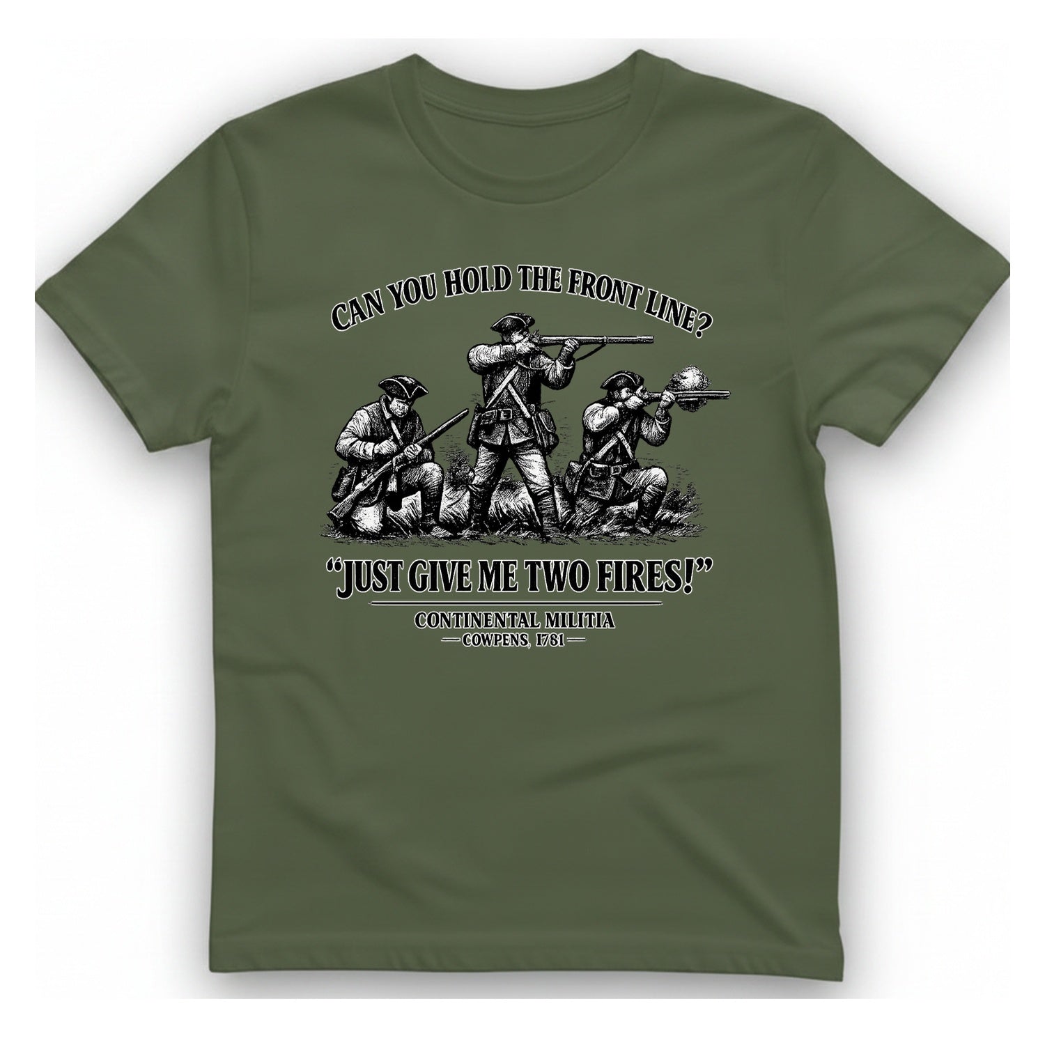Continental Militia Two Fires Cowpens T-Shirt - Military Green front