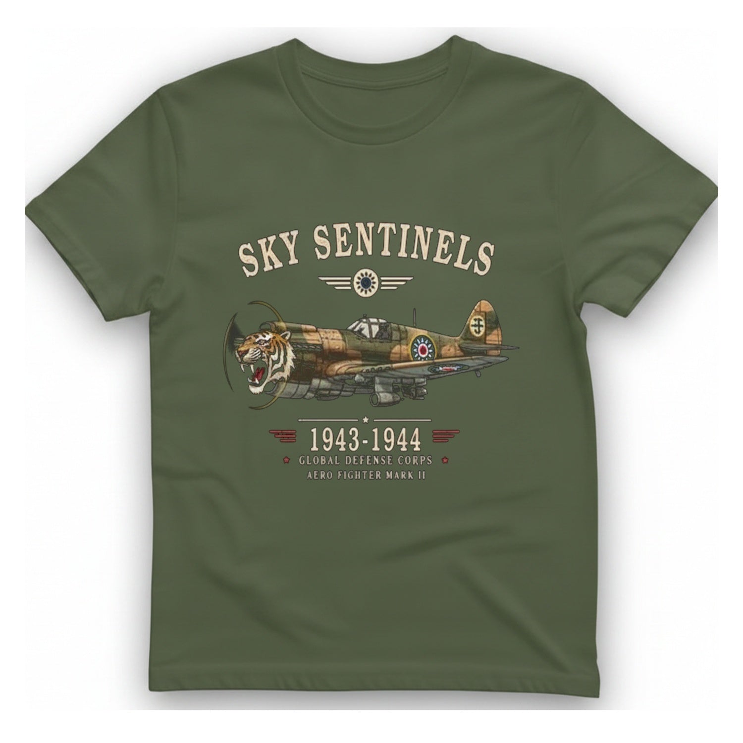 Sky Sentinels Fighter Plane T-Shirt - Military Green front