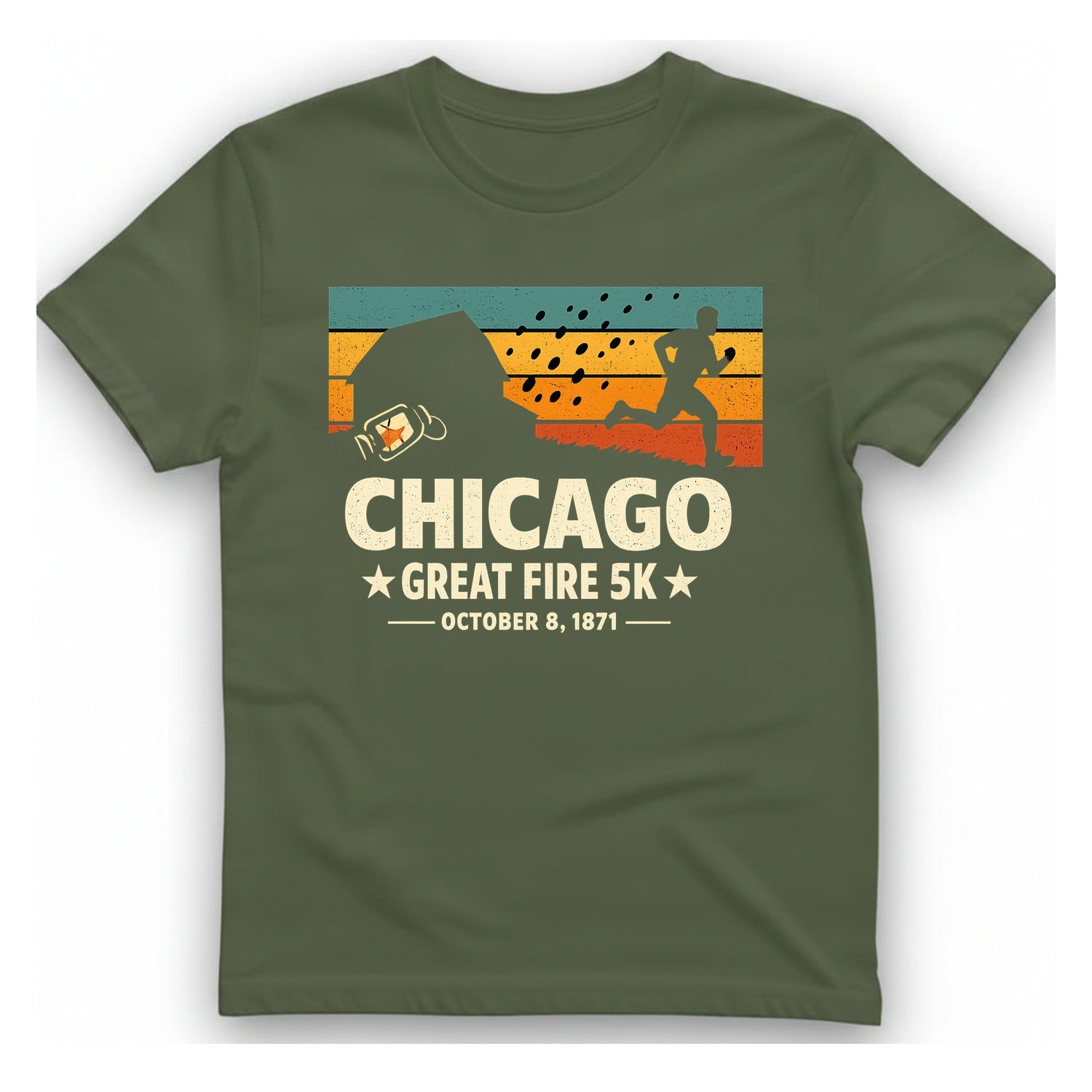 Chicago Great Fire 5K Retro T-Shirt - Military Green front