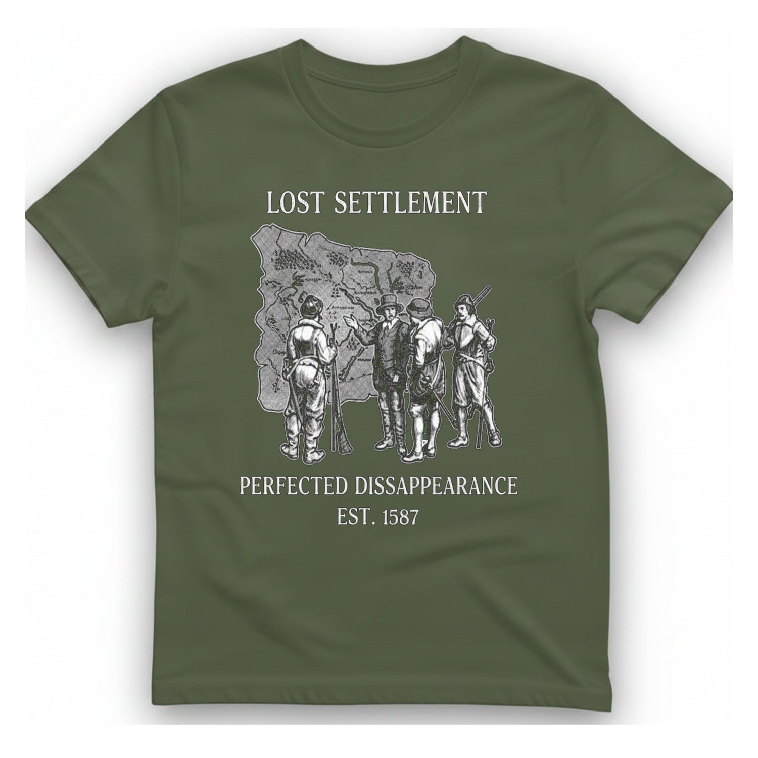 Lost Settlement Disappearance T-Shirt - Military Green front
