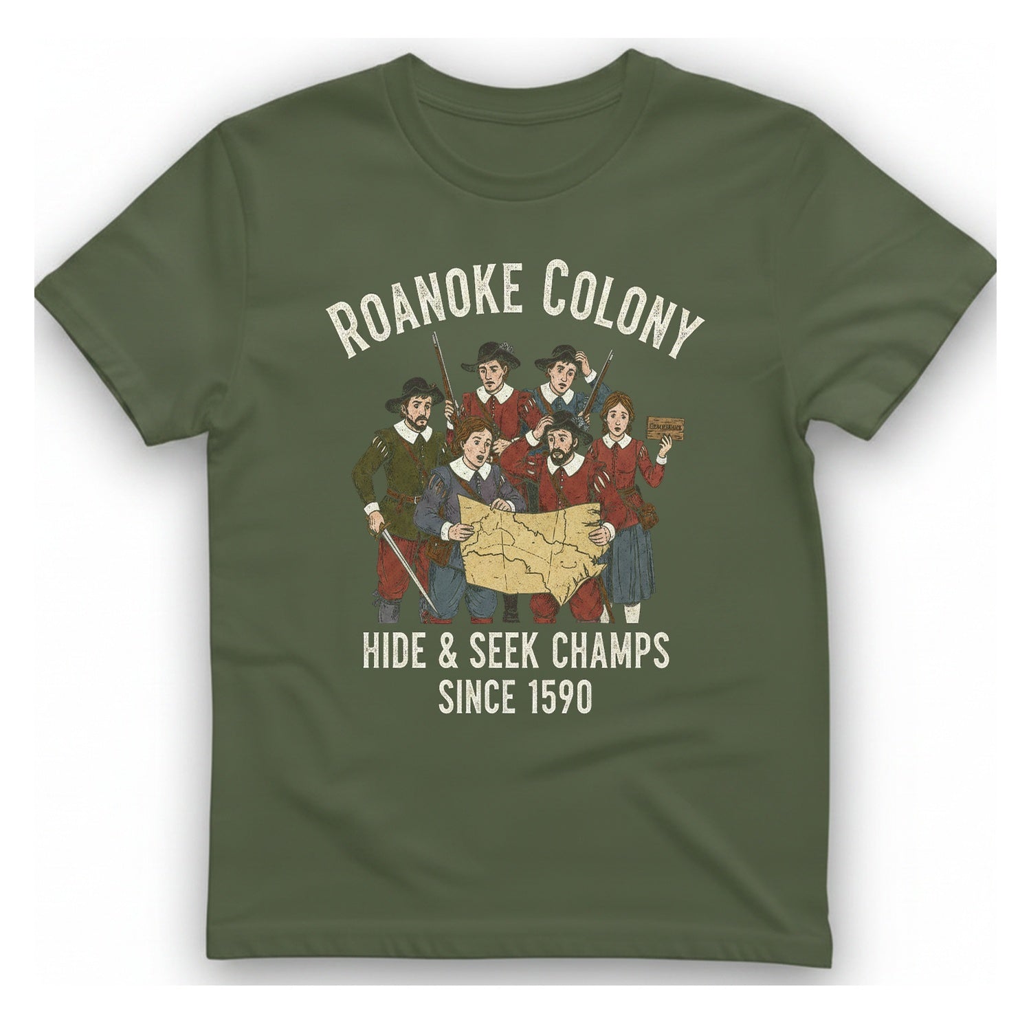 Roanoke Colony Hide And Seek T-Shirt - Military Green front